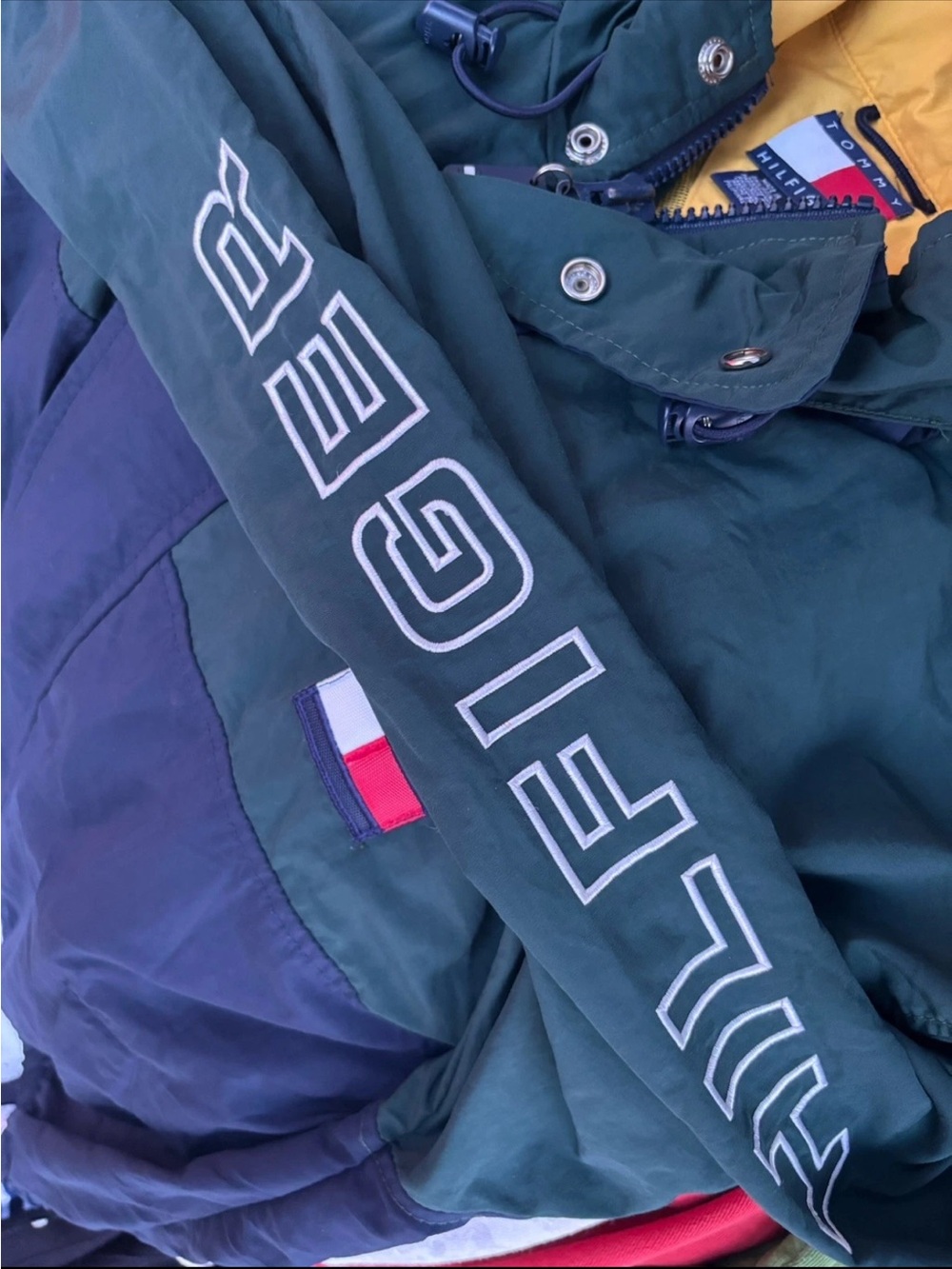 Tommy Hilfiger Vintage 90s Colorblock Windbreaker Jacket Green Navy XL Spellout - Picture 13 of 14